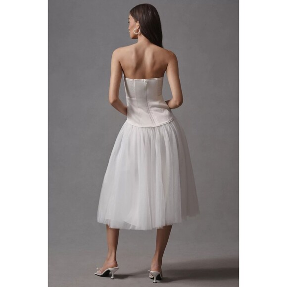 NWT Anthropologie BHLDN Strapless ALine White Satin TulleSkirt Midi Dress Size M - Picture 7 of 16